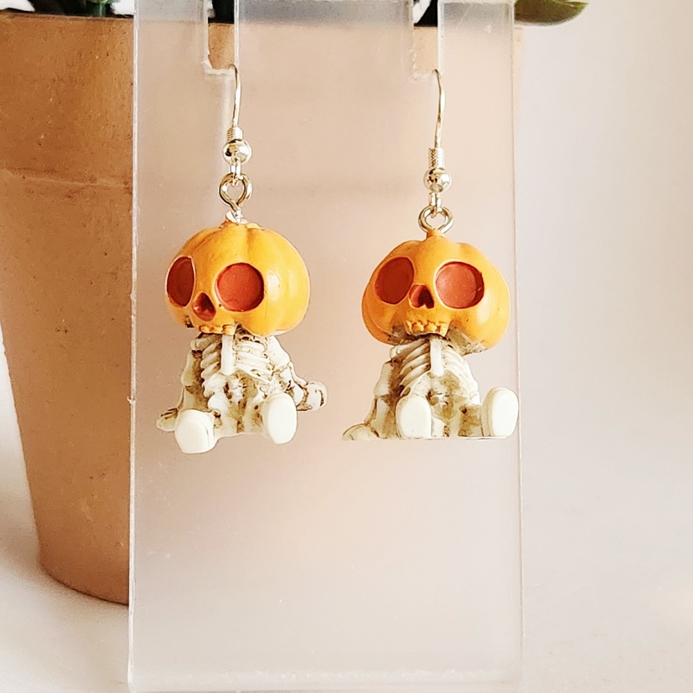 Halloween Pumpkin Head Skeleton Dangle Earrings Orange Jack O Lantern Spooky
